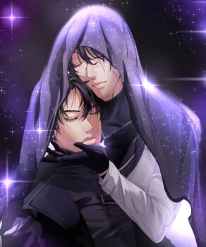 2boys absurdres black_coat black_gloves black_hair black_shirt cloak closed_eyes coat dual_persona gloves hand_on_another&#039;s_face highres hood hood_up hooded_cloak jozllie male_focus multiple_boys multiple_scars omniscient_reader&#039;s_viewpoint scar scar_on_face secretive_plotter shirt short_hair starry_sky_print upper_body white_coat yoo_joonghyuk