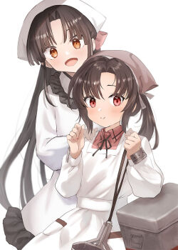 apron bag bandana black_hair blush brown_eyes collared_shirt commentary_request cooler hair_ribbon japanese_clothes kantai_collection kappougi long_hair long_sleeves looking_at_viewer lunchbox nankai_(kancolle) open_mouth pink_shirt pleated_skirt red_eyes ribbon shirt shouhou_(kancolle) shouhou_(saury_festival)_(kancolle) side_ponytail skirt smile toka_(marchlizard) white_background