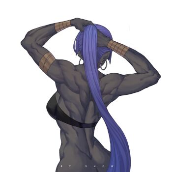 1girl arms_up ass assassin_(fate/zero) back back_muscles bandaged_arm bandages bare_shoulders bottomless bra breasts dark-skinned_female dark_skin deltoids earrings fate/grand_order fate_(series) from_behind high_ponytail highres hoop_earrings jewelry large_breasts long_hair muscular muscular_female ponytail purple_hair solo suhyeon triceps tying_hair underwear upper_body