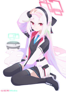 1girl absurdres aris_(blue_archive) arm_up black_hairband black_shoes black_skirt black_thighhighs black_vest blue_archive blue_necktie chinese_commentary closed_mouth collared_shirt commentary full_body grey_hair hair_between_eyes hairband halo hand_up hide21find57 highres jacket kei_(blue_archive) kei_(new_body)_(blue_archive) long_sleeves looking_at_viewer mechanization necktie open_clothes open_jacket pleated_skirt puffy_long_sleeves puffy_sleeves red_eyes robotic_vacuum_cleaner shirt shoes simple_background sitting skirt smile solo thighhighs twitter_username v vest wariza white_background white_jacket white_shirt