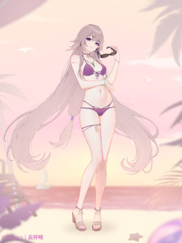 1girl alternate_costume arm_tattoo artist_name ball bare_legs bare_shoulders beach beachball bikini blurry blurry_background blurry_foreground breasts brown_hair chinese_commentary closed_mouth commentary_request depth_of_field evening full_body herta_(honkai:_star_rail) high_heel_sandals highres holding holding_removed_eyewear honkai:_star_rail honkai_(series) legs long_hair looking_at_viewer medium_breasts nail_polish navel off_shoulder orange_sky outdoors purple_bikini purple_eyes purple_nails sandals sky smile solo standing stomach sunglasses swimsuit tattoo the_herta_(honkai:_star_rail) thighs toenail_polish toenails unworn_eyewear very_long_hair yunkaiming