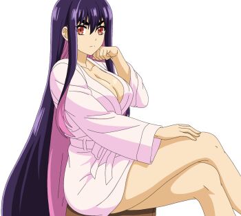 1girl bathrobe breasts crossed_legs derivative_work highres large_breasts long_hair looking_at_viewer pink_hair purple_hair quiddity99 red_eyes sentai_red_ga_isekai_de_boukensha_ni_naru sitting solo very_long_hair yihdra_arvoln