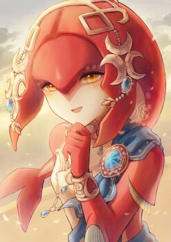 1girl agisato beach blush cloud commentary_request fins fish_girl head_tail highres jewelry looking_at_viewer mipha nintendo open_mouth outdoors sand sky smile solo the_legend_of_zelda the_legend_of_zelda:_breath_of_the_wild yellow_eyes zora