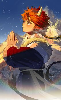 1boy animal_ears arknights blue_sky blush braid chinese_commentary commentary_request cow_boy cow_ears cow_horns from_side highres horns looking_to_the_side looking_up luosaihuer male_focus mountain profile sky snow wan_qing_(arknights)