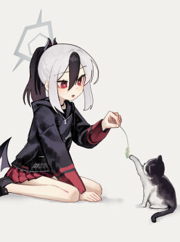 1girl absurdres black_choker black_hair black_hoodie black_horns blue_archive bright_pupils cat cat_teaser choker commentary_request demon_girl demon_horns demon_wings grey_halo halo highres hood hoodie horns kayoko_(blue_archive) long_sleeves low_wings miniskirt multicolored_hair open_mouth playing_with_animal pleated_skirt ponytail red_skirt simple_background single_wing sitting skirt solo two-tone_hair wariza white_background white_hair white_pupils wings yoon_cook