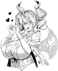 Rule 34 | 1girl, absurdres, bare shoulders, benigawara, breasts, cleavage, demon horns, demon wings, dress, duel monster, gloves, greyscale, heart, heart hands, highres, horns, large breasts, lovely labrynth of the silver castle, monochrome, open mouth, solo, sweat, twintails, upper body, wings, wrist cuffs, yu-gi-oh!
