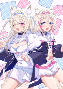 2girls animal_ear_fluff animal_ears aqua_belt aqua_eyes aqua_hair aqua_nails aqua_trim bandaid bandaid_hair_ornament belt belt_collar black_jacket blush breasts claw_pose cleavage collar commentary_request dog_ears dog_girl dog_tail frilled_shirt_collar frills fuwawa_abyssgard fuwawa_abyssgard_(1st_costume) hair_between_eyes hair_ornament highres hololive hololive_english jacket long_hair long_sleeves looking_at_viewer medium_breasts midriff mococo_abyssgard mococo_abyssgard_(1st_costume) multiple_girls one_eye_closed open_clothes open_jacket open_mouth pechi_(peeechika) pink_belt pink_eyes pink_hair pink_nails pink_trim shirt short_hair siblings sisters small_breasts smile stomach tail twins virtual_youtuber white_shirt x_hair_ornament
