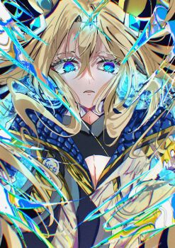 1girl ahoge animal_ears blonde_hair blue_eyes blue_hair breasts character_name christmas_star cleavage closed_mouth commentary_request highres horse_ears horse_girl jacket long_hair long_sleeves looking_at_viewer multicolored_hair neo_universe_(umamusume) period_ky88 puffy_long_sleeves puffy_sleeves signature simple_background sleeves_past_fingers sleeves_past_wrists small_breasts solo text_background transparent two-tone_hair umamusume upper_body very_long_hair watermark white_jacket