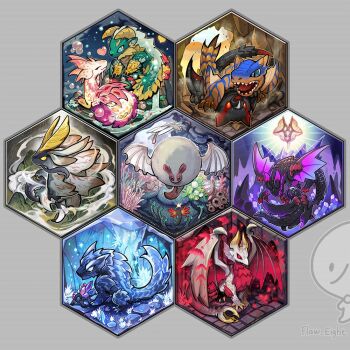 Rule 34 | animal focus, bubble, cave, character request, closed eyes, closed mouth, cloud, crystal, dragon, fighting, flaw eight, heart, hexagon, horns, monster hunter (series), mountain, mushroom, no humans, onsen, paolumu, petals, rock, rubble, smile, snake, surprised, yellow horns