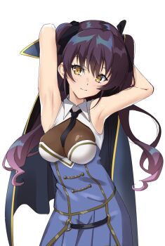 1girl armpits arms_behind_head arms_up assault_lily bare_arms bare_shoulders black_necktie black_ribbon blue_cloak blue_shirt blue_skirt blush bodystocking breasts cloak closed_mouth collared_shirt commentary cowboy_shot hair_between_eyes hair_ribbon hishida_haru holding holding_cloak holding_unworn_clothes light_smile long_hair looking_at_viewer medium_breasts mototenn necktie odaiba_girls_high_school_uniform pleated_skirt purple_hair ribbon school_uniform shirt short_necktie simple_background skirt sleeveless sleeveless_shirt standing twintails two-tone_shirt unworn_cloak white_background white_shirt yellow_eyes
