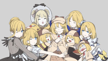 &gt;_&lt; 6+girls :d :o ;) ^_^ artist_collaboration backless_dress backless_outfit bee_costume blonde_hair blue_eyes breasts brown_coat catricius closed_eyes closed_mouth coat collared_shirt commentary deerstalker detached_sleeves detective double_bun dress dress_shirt english_commentary evening_gown grey_background group_hug hair_bun hands_on_own_chest hat headset helmet highres hito_(maruhito) hololive hololive_english hololive_idol_uniform_(bright) hug large_breasts long_sleeves medium_hair multiple_girls multiple_persona official_alternate_costume one_eye_closed open_clothes open_coat open_mouth puffy_short_sleeves puffy_sleeves puppet shirt short_sleeves simple_background single_hair_bun smile smol_ame space_helmet u_u unfinished virtual_youtuber w_arms watson_amelia watson_amelia_(1st_costume) watson_amelia_(astronaut) watson_amelia_(new_year) watson_amelia_(party_dress) watson_amelia_(street_casual) white_shirt xd