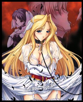 3girls absurdres blonde_hair blue_eyes blush breasts closed_eyes clothes_lift collar covered_erect_nipples crossed_arms darcrows dress dress_lift elbow_gloves ellene_(darcrows) eulicia gloves highres large_breasts leash long_hair multiple_girls official_art onigirikun open_mouth scan tiaris_(darcrows) viewer_holding_leash white_dress white_gloves