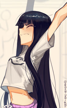 Rule 34 | 1girl, alternate costume, black hair, boa (brianoa), closed eyes, closed mouth, clothes writing, commentary request, houraisan kaguya, long hair, midriff, navel, shirt, short sleeves, solo, stretching, touhou, twitter username, very long hair, white shirt