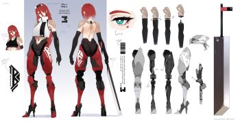 1girl absurdres android blue_eyes breasts character_name character_profile clothes_on_and_off cyborg from_behind full_body height high_heels highres holding holding_sword holding_weapon joints long_hair mecha_musume mechanical_arms mechanical_legs multiple_views original pointing_out_the_details prosthesis prosthetic_arm red_hair reference_sheet robot_joints short_hair standing sword the_atko turnaround variations weapon