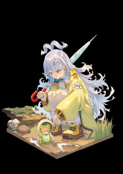 2girls absurdres animal_costume animal_hood black_background blue_eyes blue_hair frog_costume frog_hood frogiwawa highres holding holding_mushroom holding_umbrella hololive hololive_english hololive_indonesia hood kobo_kanaeru liquid_hair long_hair mini_person minigirl multicolored_hair multiple_girls mushroom onesie orange_hair raincoat simple_background split_ponytail takanashi_kiara umbrella virtual_youtuber white_hair zetsuental