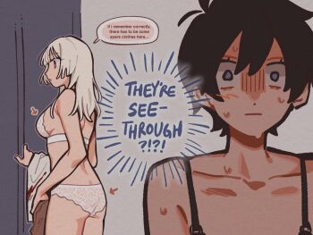 2girls akinashi_haru black_bra black_hair blood blood_on_clothes blue_eyes blush bra breasts changing_clothes changing_room english_text from_behind futarideyukou genderswap genderswap_(mtf) highres indoors lace lace_bra lace_panties lingerie medium_breasts medium_hair multiple_girls nervous_sweating panties red_eyes saihate_eki see-through_clothes see-through_panties short_hair sweat tatsunami_shion underwear underwear_only undressing white_bra white_hair white_panties