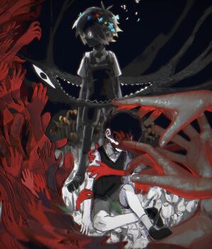 Rule 34 | 2boys, alternate skin color, ankle socks, antenna hair, arms at sides, backlighting, bare arms, black background, black hair, black shoes, black skin, black sweater vest, blue butterfly, bug, butterfly, butterfly on head, chinese commentary, chromatic aberration, collared shirt, colored skin, commentary request, covered face, extra arms, field, flipped hair, flower, flower field, full body, glowing, glowing eyes, grey shorts, hair behind ear, highres, insect, knee up, kneehighs, looking to the side, male focus, multiple boys, no mouth, omori, overall shorts, overalls, profile, red butterfly, sharp teeth, shirt, shoelaces, shoes, short hair, short sleeves, shorts, sidelocks, simple background, sitting, socks, something (omori), standing, stranger (omori), sunflower, sunny (omori), sweater vest, teeth, tulip, very short hair, white eyes, white flower, white shirt, white skin, white socks, white tulip, yellow butterfly, yellow flower, yoyoseafish