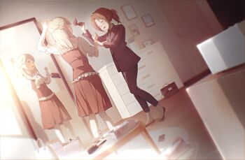 Rule 34 | 2girls, 3girls, :d, ^ ^, absurdres, arm up, bag, black jacket, black pants, blonde hair, blurry, blurry foreground, blush, box, brown hair, chest of drawers, closed eyes, comb, commentary, commentary request, depth of field, door, drawer, dress, dutch angle, earrings, embarrassed, formal clothes, hair ribbon, half updo, hand on another's arm, handbag, happy, hibike! euphonium, highres, holding, indoors, jacket, jewelry, lie lack1080, long hair, long sleeves, looking at another, mirror, multiple girls, nakagawa natsuki, necktie, open mouth, pant suit, pants, partial commentary, photo (object), picture frame, plant, ponytail, red dress, reflection, ribbon, shirt, shoes, short sleeves, skirt, smile, standing, suit, table, tissue box, white shirt, yoshikawa yuuko, yuri