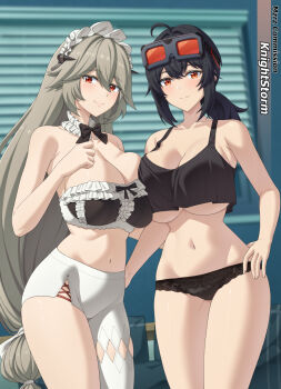 2girls ahoge alexandrina_sebastiane bare_shoulders black_bow black_bowtie black_panties black_tank_top bow bowtie breasts choker cleavage commentary commission cowboy_shot english_commentary frilled_choker frilled_hairband frills goggles goggles_on_head grace_howard grey_hair hair_intakes hairband hand_on_own_hip highres indoors large_breasts long_hair looking_at_viewer multiple_girls mzrz navel panties pantyhose red_eyes single_leg_pantyhose smile standing stomach tank_top thighs underwear very_long_hair white_pantyhose zenless_zone_zero