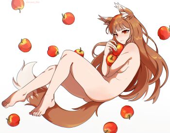 1girl absurdres animal_ear_fluff animal_ears apple ass blush breasts brown_hair commentary completely_nude english_commentary food fruit full_body highres holding holding_food holding_fruit holo looking_at_viewer medium_breasts nude red_eyes sideboob simple_background smile solo spice_and_wolf tail thighs toes unreal_fish white_background wolf_ears wolf_girl wolf_tail