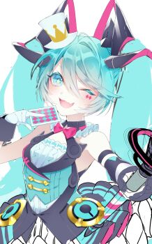 1055 1girl aqua_eyes aqua_hair black_dress breasts card dress gloves hat hatsune_miku headset highres holding holding_card holding_microphone long_hair looking_at_viewer magical_mirai_(vocaloid) magical_mirai_miku magical_mirai_miku_(2019) medium_breasts microphone mini_hat mini_top_hat official_alternate_costume official_alternate_hairstyle one_eye_closed open_mouth simple_background smile solo star-shaped_pupils star_(symbol) symbol-shaped_pupils tilted_headwear top_hat twintails very_long_hair vocaloid white_background white_gloves