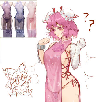 Rule 34 | 2girls, ?, ??, alternate costume, ascot, bandaged arm, bandages, blush, bow, breasts, bun cover, detached sleeves, double bun, edz drawz, flower, frilled bow, frilled hair tubes, frills, hair bow, hair bun, hair tubes, hakurei reimu, highres, ibaraki kasen, large breasts, long hair, multiple girls, no bra, open mouth, panties, pink eyes, pink flower, pink hair, pink rose, pink tabard, red panties, reference inset, ribbon-trimmed sleeves, ribbon trim, rose, see-through tabard, short hair, side-tie panties, sideboob, tabard, touhou, underwear