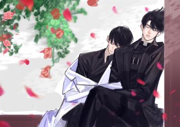 Rule 34 | 2boys, arm hug, black coat, black hair, black shirt, chest belt, closed eyes, coat, coat partially removed, collared shirt, commentary request, crossed legs, falling petals, head on another's shoulder, highres, imgeun, kim dokja, korean commentary, leaning on person, leaning to the side, male focus, multiple boys, omniscient reader's viewpoint, open clothes, open coat, petals, popped collar, shirt, short hair, tree, white coat, yoo joonghyuk