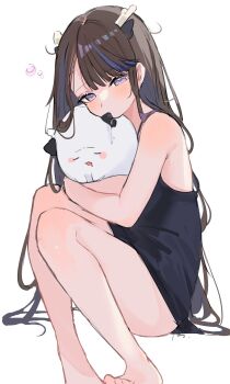 Rule 34 | 1girl, airi kanna, barefoot, black shirt, brown hair, commentary, creature, full body, grey eyes, hair down, haro (1026 86), highres, holding, holding creature, long hair, looking at viewer, multicolored hair, no pants, parted bangs, saliva, scales (airi kanna), shirt, simple background, sitting, sketch, sleeveless, sleeveless shirt, solo, stellive, streaked hair, symbol-only commentary, very long hair, virtual youtuber, white background