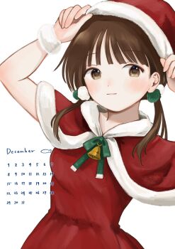 Rule 34 | 1girl, arms up, bell, brown eyes, brown hair, calendar (medium), capelet, choppy bangs, commentary request, cow, dress, fur-trimmed capelet, fur trim, green ribbon, hat, highres, long hair, neck bell, neck ribbon, nena labo, original, red capelet, red dress, ribbon, santa costume, santa hat, simple background, solo, standing, twintails, white background
