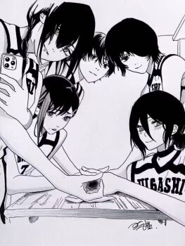 1boy 4girls blush cellphone chainsaw_man guglielmo higashiyama_kobeni highres himeno_(chainsaw_man) imminent_handjob implied_bisexual looking_at_viewer monochrome multiple_girls nayuta_(chainsaw_man) phone pov reze_(chainsaw_man) smile source_request yoshida_hirofumi