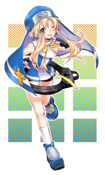 1boy ankle_boots bare_shoulders bike_shorts black_gloves black_shorts blonde_hair blue_boots blue_eyes blue_veil blue_vest blush boots border bridget_(guilty_gear) closed_mouth cross cross_print dotted_background finger_to_mouth fingerless_gloves floating_clothes floating_hair foot_up_heel_up full_body gloves gradient_background guilty_gear guilty_gear_xx guimpe hair_between_eyes hand_on_own_hip invisible_floor kneehighs kuro_(nao_krd) long_sidelocks looking_at_viewer male_focus mars_symbol neck_ribbon nun object_belt on_floor one_eye_closed outline outside_border oversized_object print_wrist_cuffs ribbon shirt short_hair short_hair_with_long_locks shorts sidelocks sleeveless sleeveless_shirt smile socks solo standing standing_on_one_leg trap two-sided_veil veil vest white_border white_outline white_shirt white_socks white_trim white_wrist_cuffs wrist_cuffs yellow_ribbon