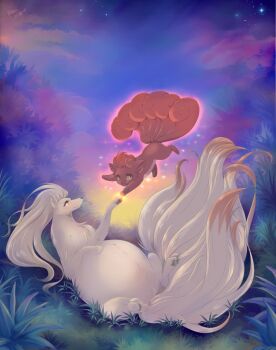 2girls artist_name belly black_kitty commentary dated english_commentary floating gen_1_pokemon grass highres magic multiple_girls multiple_tails ninetales nintendo no_humans outdoors plant playing pokemon pokemon_(creature) pokemon_focus pregnant sky star_(sky) tail telekinesis vulpix