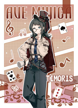 Rule 34 | 1girl, alternate costume, ave mujica (bang dream!), bang dream!, belt, black hair, black pants, blue necktie, card, character name, chinese commentary, closed mouth, club (shape), collared shirt, commentary request, diamond (shape), english text, feet out of frame, glasses, grey eyes, hand on own hip, hat, highres, holding, jacket, long hair, long sleeves, looking at viewer, megaphone, migolu, musical note, necktie, nuoweisenlin tongren gongzuoshi, pants, playing card, round eyewear, shirt, smile, solo, spade (shape), standing, top hat, white shirt, yahata umiri