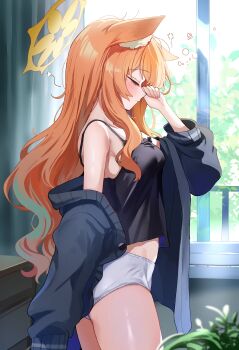 Rule 34 | 1girl, absurdres, alternate costume, animal ear fluff, animal ears, bare shoulders, black camisole, black cardigan, blue archive, blush, breasts, camisole, cardigan, cat ears, cat girl, closed eyes, commentary, from side, halo, highres, indoors, mari (blue archive), off shoulder, orange hair, panties, rubbing eyes, sak (lemondisk), small breasts, solo, squeans, symbol-only commentary, thighs, underwear, white panties, yellow halo