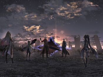 alpha:_crimson_weave_(pgr) alpha_(pgr) black_gloves blue_eyes breasts character_request closed_mouth coat dante_(devil_may_cry) devil_may_cry_(series) devil_may_cry_5 devil_sword_dante fingerless_gloves gloves grey_hair hair_between_eyes hair_slicked_back highres holding holding_weapon jacket long_hair lucia:_pyroath_(pgr) lucia_(pgr) multicolored_hair multiple_boys multiple_girls no._21:_feral_(pgr) no._21_(pgr) punishing:_gray_raven red_coat saif_artz saifartz shirt short_hair sidelocks smile sword vergil_(devil_may_cry) very_long_hair weapon white_hair yamato_(sword)