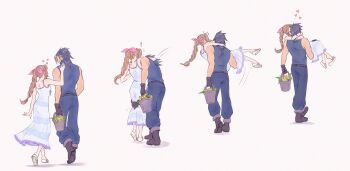 1boy 1girl aerith_gainsborough anna_m arms_around_neck bare_shoulders basket black_hair boots braid braided_ponytail brown_boots brown_gloves brown_hair carrying commentary couple crisis_core:_final_fantasy_vii dress english_commentary final_fantasy final_fantasy_vii flower flower_basket from_behind full_body gloves hair_ribbon heart highres holding holding_basket hug long_hair motion_lines pink_ribbon ponytail princess_carry ribbon sandals sequential simple_background sleeveless sleeveless_dress sleeveless_turtleneck spiked_hair sweater turtleneck turtleneck_sweater walking yellow_flower zack_fair