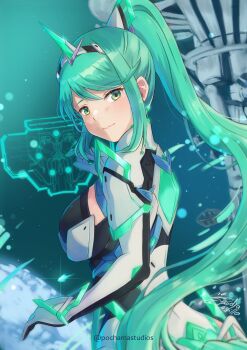 1girl breasts green_eyes grey_hair large_breasts pneuma_(xenoblade) pochamastudios solo xenoblade_chronicles_(series) xenoblade_chronicles_2