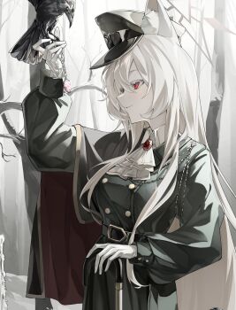 1girl akira_(blue_archive) akira_(miria)_(blue_archive) animal_ear_fluff animal_ears ascot belt bird bird_on_hand black_cape blue_archive cane cape cat_ears cat_girl coat commentary_request crow devid_(devis515333) diamond_necklace from_side gloves green_coat green_hat halo hand_on_cane hand_up hat highres holding holding_cane long_hair parted_lips peaked_cap red_eyes solo upper_body white_ascot white_gloves white_hair white_halo