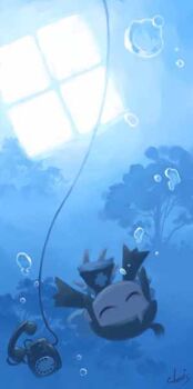 ahoge antique_phone archived_source artist_name black_dress blue_background blue_theme brown_hair bubble cable closed_eyes commentary corded_phone dress english_commentary layered_dress long_hair long_sidelocks low_twintails muntins original phone rotary_phone ruby-ko short_sleeves sidelocks tanaka_kunihiko tree twintails underwater water_drop white_dress white_sleeves window_light