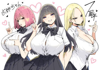 3girls absurdres aimi_(sky-freedom) akane_(sky-freedom) black_bow black_bowtie black_hair black_skirt blonde_hair blush bow bowtie breasts button_gap cleavage closed_mouth collarbone commentary earrings english_commentary fingernails forehead grin heart highres huge_breasts index_finger_raised jewelry joshi_kousei_rich_thots long_hair looking_at_viewer medium_hair middle_finger mole mole_under_mouth multiple_girls nail_polish open_mouth pink_eyes pink_hair pleated_skirt purple_eyes purple_nails rena_(sky-freedom) school_uniform shirt skirt sky-freedom smile stud_earrings teeth upper_teeth_only white_background white_shirt yellow_nails