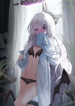 1girl absurdly_long_hair absurdres ahoge bare_shoulders black_bra black_horns black_panties blue_archive blush bra breasts covering_own_mouth cup curtains demon_girl demon_horns demon_wings embarrassed flower grey_hair hair_between_eyes hair_ornament hairclip half-closed_eyes halo hand_over_own_mouth hands_up highres hina_(blue_archive) horns k2_(jack_lin) knee_up loli long_hair long_shirt long_sleeves looking_at_viewer low_wings mug multiple_horns navel open_bra open_clothes open_mouth open_shirt oversized_clothes oversized_shirt panties purple_eyes purple_halo rose shirt single_sleeve_past_fingers sleeves_past_fingers sleeves_past_wrists small_breasts solo standing stomach sunlight thighs underwear very_long_hair wet white_flower white_rose white_shirt window wings