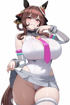 1girl animal_ears breasts brown_hair cosplay detached_sleeves fuji_noriho gentildonna_(umamusume) grey_skirt hair_between_eyes highres horse_ears horse_girl horse_tail horseshoe large_breasts leotard mihono_bourbon_(mb-19890425)_(umamusume) mihono_bourbon_(umamusume) mihono_bourbon_(umamusume)_(cosplay) miniskirt necktie pink_necktie red_eyes skirt tail thighhighs umamusume white_leotard white_thighhighs