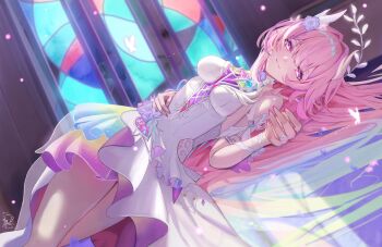 1girl absurdres breasts closed_mouth cyrene_(honkai:_star_rail) cyrene_(ripples_of_past_reverie)_(honkai:_star_rail) dress flower hair_flower hair_ornament highres honkai:_star_rail honkai_(series) jewelry long_hair looking_at_viewer lying multicolored_dress pink_hair purple_eyes ring sazanami_(re_n_rentaro) smile solo symbol-shaped_pupils very_long_hair wedding_ring white_dress