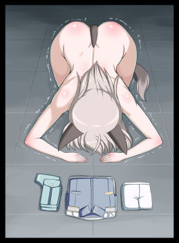 1girl absurdres animal_ears apologizing ass bowing butt_crack dogeza eila_ilmatar_juutilainen female_focus fox_ears fox_tail highres medium_hair military military_uniform naked_dogeza nude pantyhose prostration shiny_skin shoulder_blades solo strike_witches tail tile_floor tiles trembling unworn_clothes unworn_pantyhose white_hair white_pantyhose world_witches_series