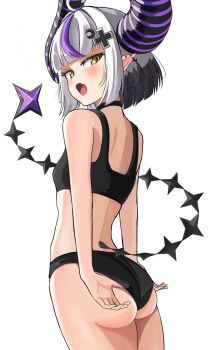 1girl adjusting_clothes adjusting_panties ahoge artist_request ass black_choker black_panties black_sports_bra blunt_bangs blunt_ends blush bob_cut breasts choker earrings fang from_behind hair_ornament hololive horns jewelry la+_darknesss large_horns looking_back multicolored_hair nixe_16 open_mouth panties pointy_ears purple_hair short_hair skin_fang small_breasts solo sports_bra standing tail tail_raised underwear virtual_youtuber wedgie white_background white_hair x_hair_ornament yellow_eyes