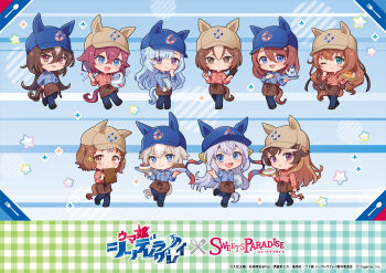 6+girls ahoge animal_ears apron baseball_cap belno_light_(umamusume) black_pants black_shoes blue_eyes blue_shirt brown_apron brown_hair cake character_request checkered_clothes checkered_shirt food full_body grey_hair hair_between_eyes hairband hat highres holding holding_menu holding_tray horse_ears horse_girl horse_tail long_hair long_sleeves looking_at_viewer maruzensky_(umamusume) mejiro_ardan_(umamusume) menu multicolored_hair multiple_girls official_art oguri_cap_(umamusume) open_mouth pants pink_shirt ponytail sakura_chiyono_o_(umamusume) shirt shoes standing standing_on_one_leg super_creek_(umamusume) symboli_rudolf_(umamusume) tail tamamo_cross_(umamusume) tray umamusume umamusume:_cinderella_gray waist_apron waitress walking yaeno_muteki_(umamusume)