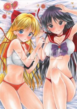 2girls :o aino_minako bikini bishoujo_senshi_sailor_moon black_hair blonde_hair blue_eyes blush breasts hino_rei large_breasts long_hair looking_at_viewer multiple_girls on_bed purple_eyes sailor_mars sailor_venus sample_watermark swimsuit tam_drawings very_long_hair watermark