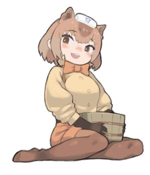 1girl :3 animal_ears blush bow bowtie brown_eyes brown_gloves brown_hair brown_pantyhose brown_sweater bucket capybara_(kemono_friends) capybara_ears capybara_girl elbow_gloves extra_ears gloves hair_between_eyes high_collar japari_symbol kemono_friends multicolored_hair no_shoes nose_blush open_mouth orange_bow orange_bowtie orange_shorts pantyhose rinx short_hair shorts sidelocks sitting solo sweater teeth towel towel_on_head two-tone_hair upper_teeth_only wooden_bucket