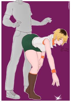 Rule 34 | 1boy, 1girl, absurdres, anonymous, ass, ass focus, bent over, blonde hair, bulge, bulge to ass, buttjob, buttjob under clothes, cheryl mason, clueless, comic, distracted, english text, green skirt, grey pants, grinding, grinding over clothes, grope from behind, groping, heather mason, highres, jacket, multicolored hair, panels, pants, picking up, purple background, silent hill (series), silent hill 3, simple background, skirt, two-tone hair