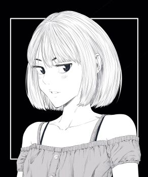 1girl bob_cut bra_strap commentary_request eyebrows_hidden_by_hair eyelashes greyscale highres juliet_sleeves lee_(dragon_garou) light_blush lips long_sleeves monochrome original parted_lips portrait puffy_sleeves sideways_glance solo